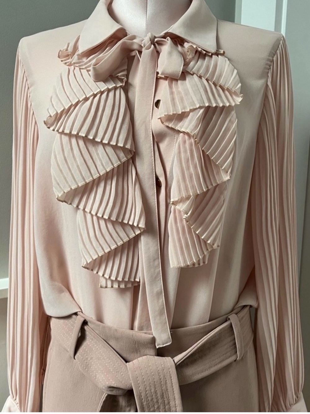 Zara Pleated Ruffle Tie-Neck Blouse - blush